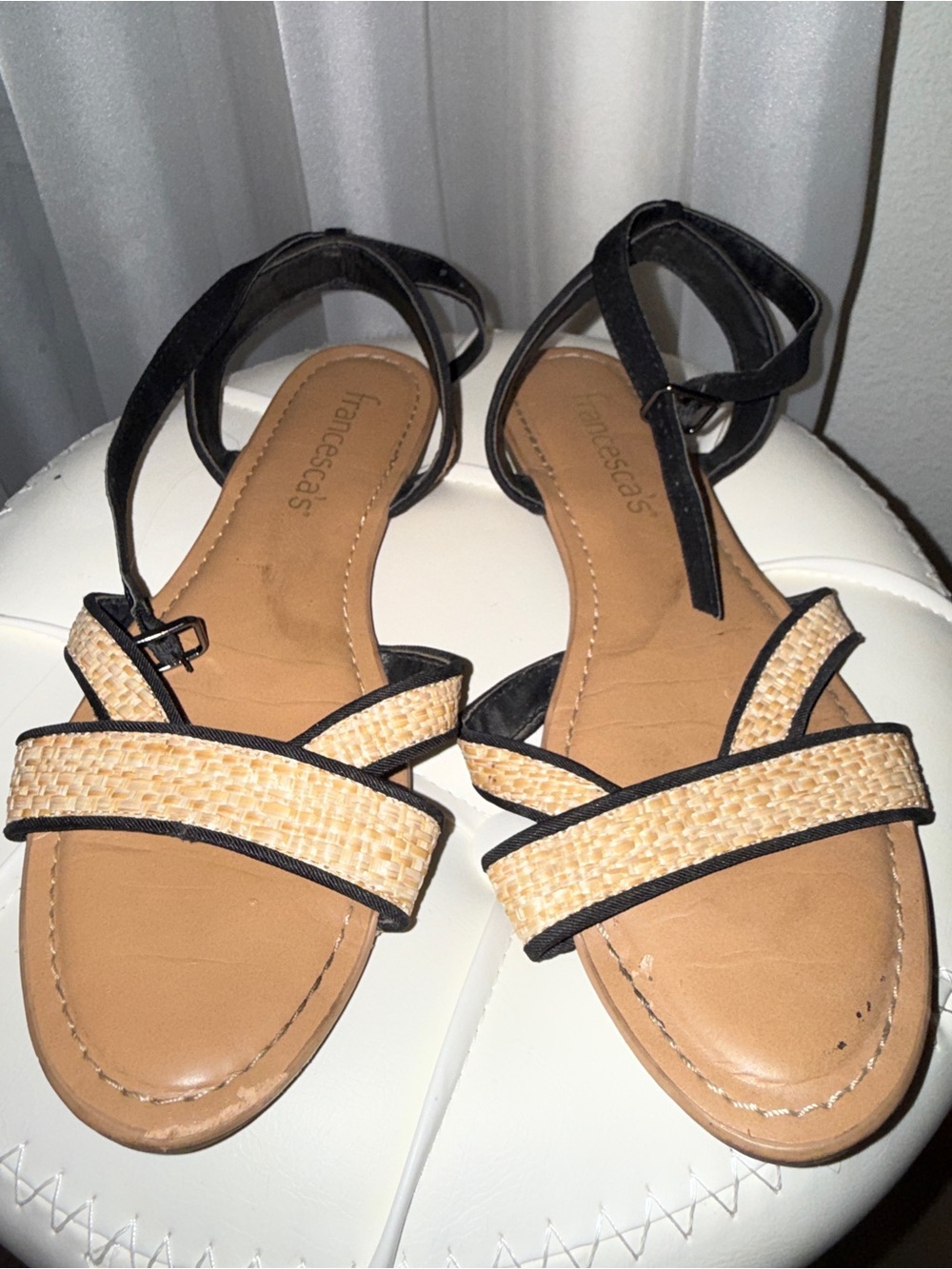 Francesca's Collections Black and Tan Woven Ankle-Strap Sandals